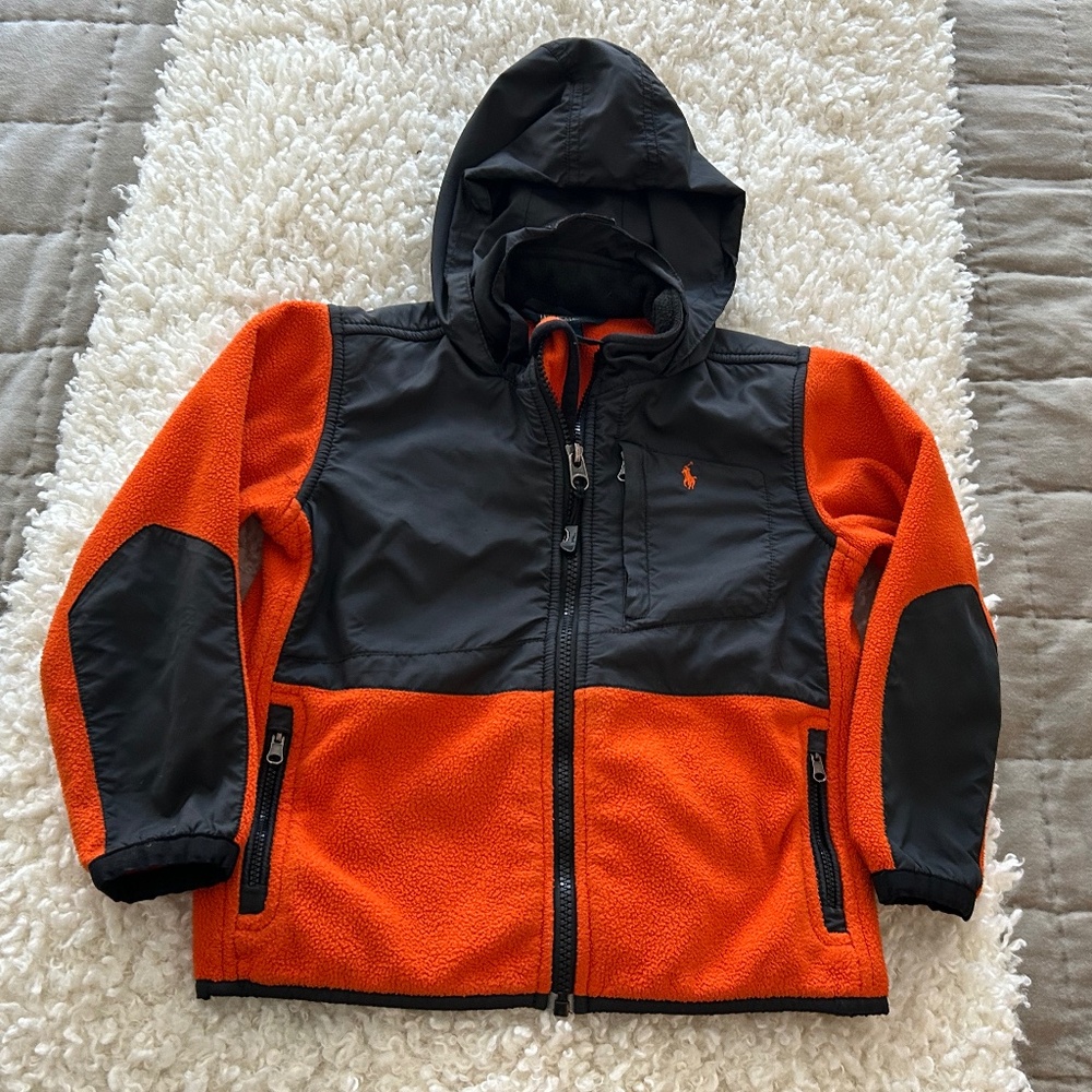 POLO RALPH LAUREN BOYS ORANGE FLEECE HOODED ZIP UP SIZE 5